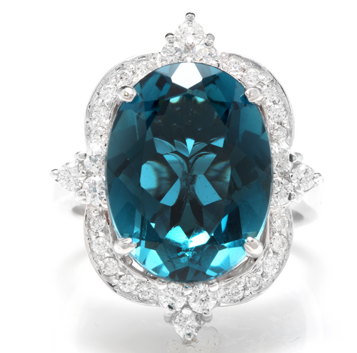 12.75 Carats Natural Impressive London Blue Topaz and Diamond 14K White Gold Ring