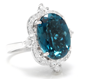 12.75 Carats Natural Impressive London Blue Topaz and Diamond 14K White Gold Ring