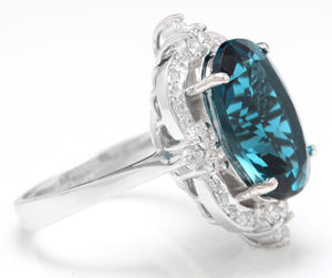 12.75 Carats Natural Impressive London Blue Topaz and Diamond 14K White Gold Ring