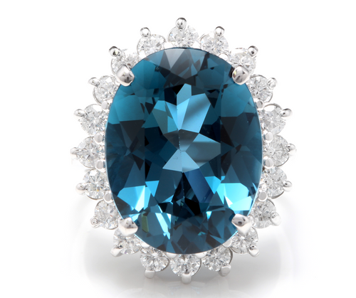 12.05 Carats Impressive Natural London Blue Topaz and Diamond 14K Solid White Gold Ring