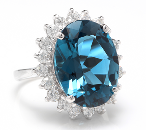 12.05 Carats Impressive Natural London Blue Topaz and Diamond 14K Solid White Gold Ring