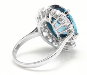 12.05 Carats Impressive Natural London Blue Topaz and Diamond 14K Solid White Gold Ring