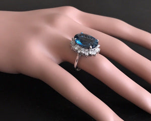 12.05 Carats Impressive Natural London Blue Topaz and Diamond 14K Solid White Gold Ring