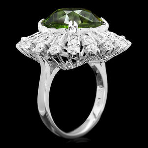 13.10 Carats Natural Very Nice Looking Peridot and Diamond 14K Solid White Gold Ring