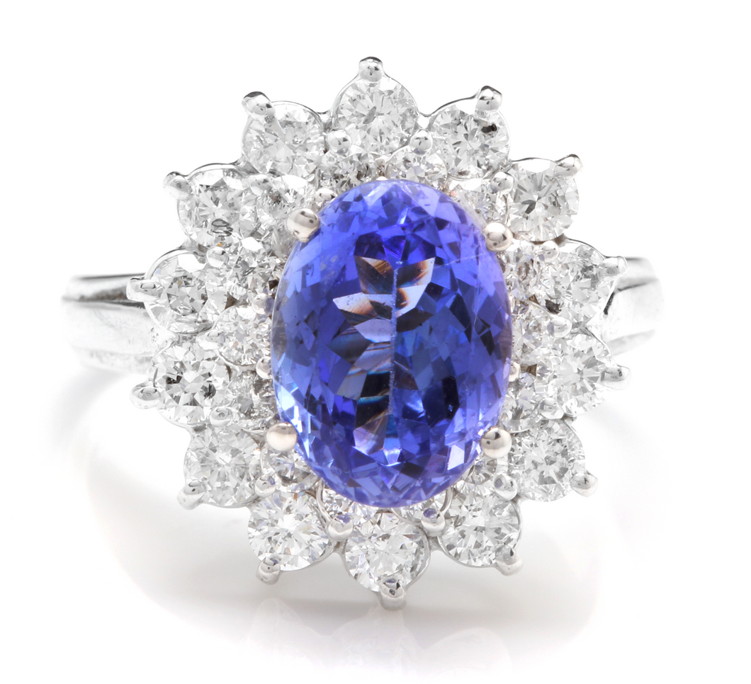 4.20 Carats Natural Very Nice Looking Tanzanite and Diamond 14K Solid White Gold Ring