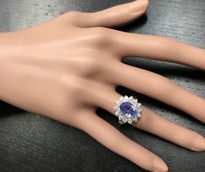 4.20 Carats Natural Very Nice Looking Tanzanite and Diamond 14K Solid White Gold Ring