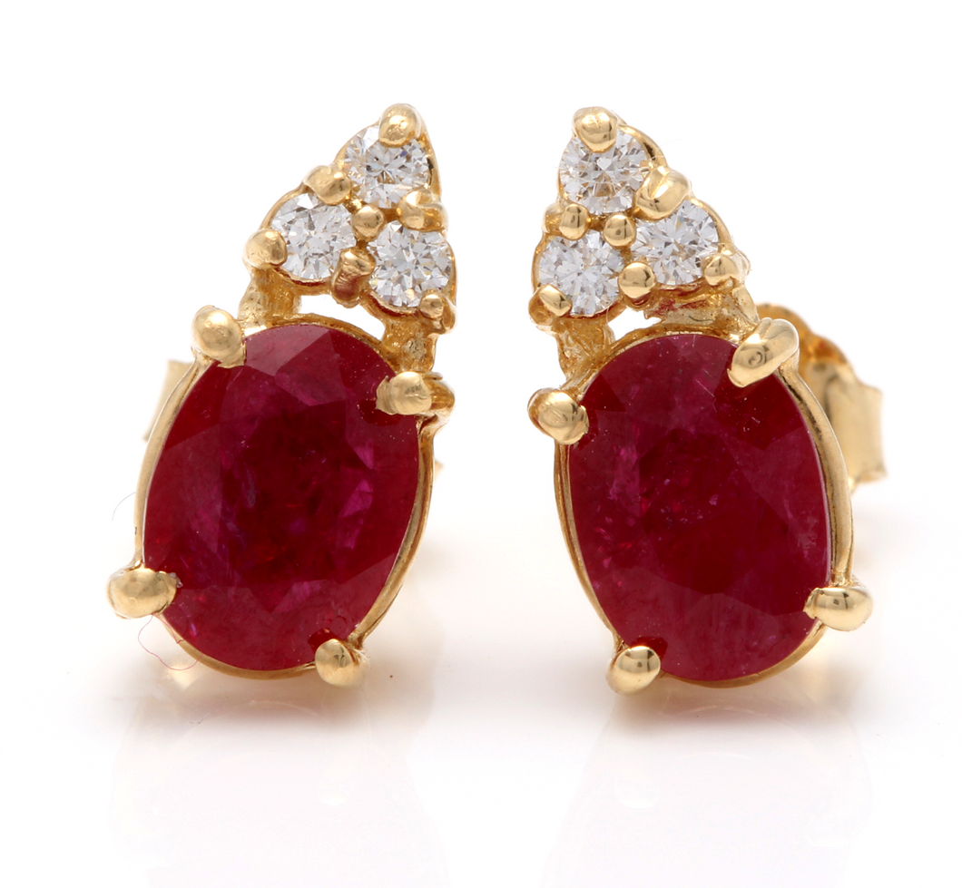Exquisite 3.16 Carats Natural Untreated Red Ruby and Diamond 14K Solid Yellow Gold Stud Earrings