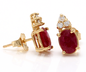 Exquisite 3.16 Carats Natural Untreated Red Ruby and Diamond 14K Solid Yellow Gold Stud Earrings