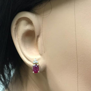 Exquisite 3.16 Carats Natural Untreated Red Ruby and Diamond 14K Solid Yellow Gold Stud Earrings
