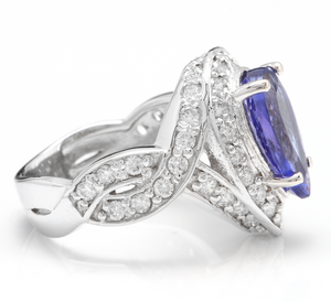 4.80 Carats Natural Very Nice Looking Tanzanite and Diamond 14K Solid White Gold Ring