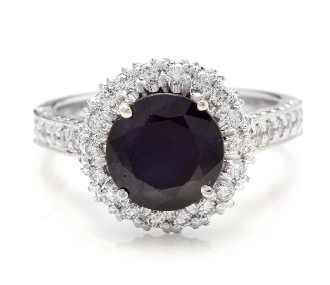 2.35 Carats Exquisite Natural Blue Sapphire and Diamond 14K Solid White Gold Ring