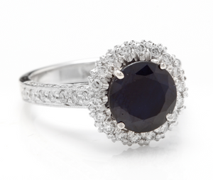 2.35 Carats Exquisite Natural Blue Sapphire and Diamond 14K Solid White Gold Ring
