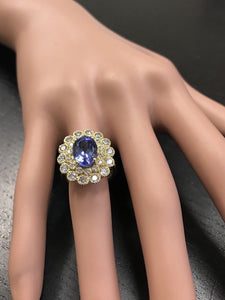 5.50 Carats Natural Very Nice Looking Tanzanite and Diamond 14K Solid Yellow Gold Ring