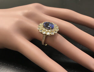 5.50 Carats Natural Very Nice Looking Tanzanite and Diamond 14K Solid Yellow Gold Ring