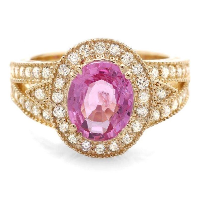 3.00 Carats Natural Tourmaline and Diamond 14k Solid Yellow Gold Ring