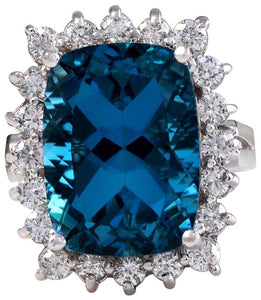 12.90 Carats Natural Impressive London Blue Topaz and Diamond 14K Yellow Gold Ring