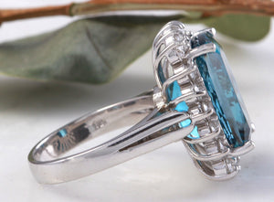 12.90 Carats Natural Impressive London Blue Topaz and Diamond 14K Yellow Gold Ring