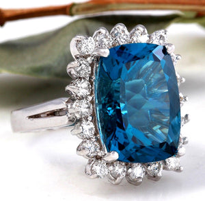 12.90 Carats Natural Impressive London Blue Topaz and Diamond 14K Yellow Gold Ring