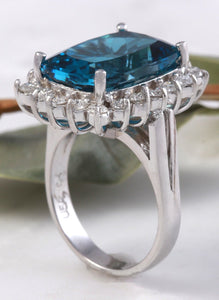 12.90 Carats Natural Impressive London Blue Topaz and Diamond 14K Yellow Gold Ring