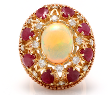 Load image into Gallery viewer, 17.40 Carats Natural Impressive Ethiopian Opal, Ruby and Diamond 14K Solid Rose Gold Ring