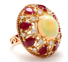Load image into Gallery viewer, 17.40 Carats Natural Impressive Ethiopian Opal, Ruby and Diamond 14K Solid Rose Gold Ring