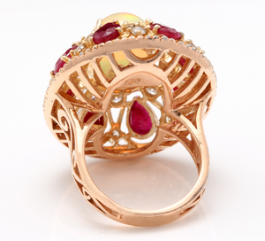 17.40 Carats Natural Impressive Ethiopian Opal, Ruby and Diamond 14K Solid Rose Gold Ring