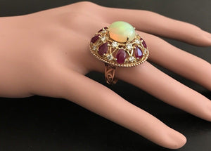 17.40 Carats Natural Impressive Ethiopian Opal, Ruby and Diamond 14K Solid Rose Gold Ring