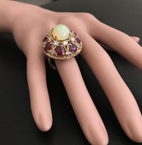 17.40 Carats Natural Impressive Ethiopian Opal, Ruby and Diamond 14K Solid Rose Gold Ring