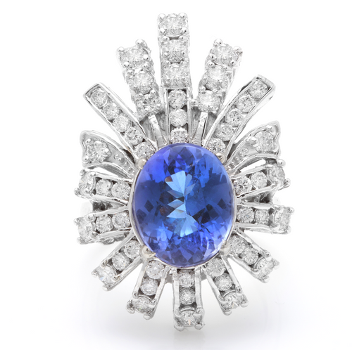 7.00 Carats Natural Very Nice Looking Tanzanite and Diamond 14K Solid White Gold Ring