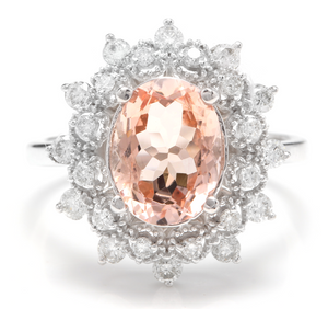 2.65 Carats Impressive Natural Morganite and Diamond 14K Solid White Gold Ring