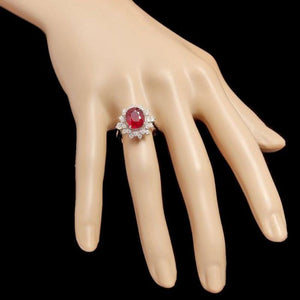 4.10 Carats Natural Red Ruby and Diamond 14k Solid White Gold Ring
