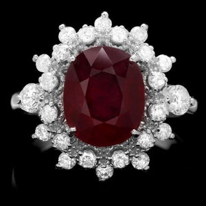 4.10 Carats Natural Red Ruby and Diamond 14k Solid White Gold Ring