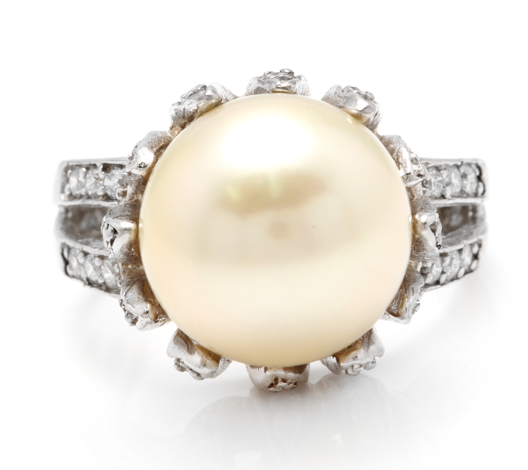 Splendid Natural South Sea Pearl and Diamond 14K Solid White Gold Ring