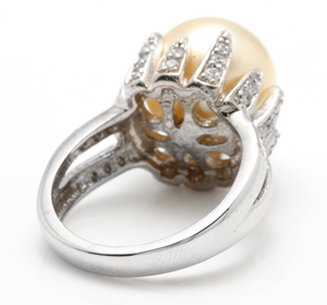 Splendid Natural South Sea Pearl and Diamond 14K Solid White Gold Ring