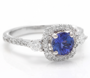 1.60 Carats Natural Very Nice Looking Tanzanite and Diamond 14K Solid White Gold Ring