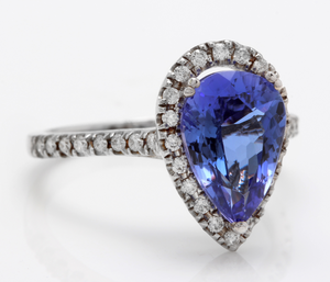 3.10 Carats Natural Very Nice Looking Tanzanite and Diamond 14K Solid White Gold Ring