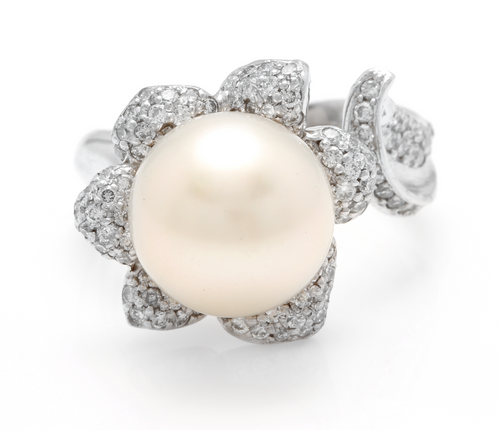 Splendid Natural South Sea Pearl and Diamond 14K Solid White Gold Ring