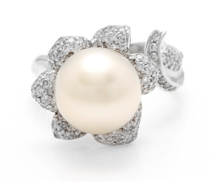 Splendid Natural South Sea Pearl and Diamond 14K Solid White Gold Ring