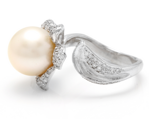 Splendid Natural South Sea Pearl and Diamond 14K Solid White Gold Ring