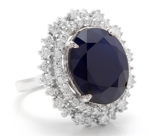 13.50 Carats Exquisite Natural Blue Sapphire and Diamond 14K Solid White Gold Ring