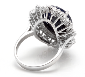 13.50 Carats Exquisite Natural Blue Sapphire and Diamond 14K Solid White Gold Ring