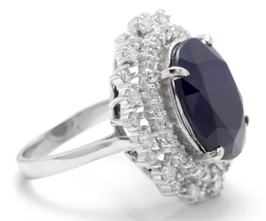 13.50 Carats Exquisite Natural Blue Sapphire and Diamond 14K Solid White Gold Ring