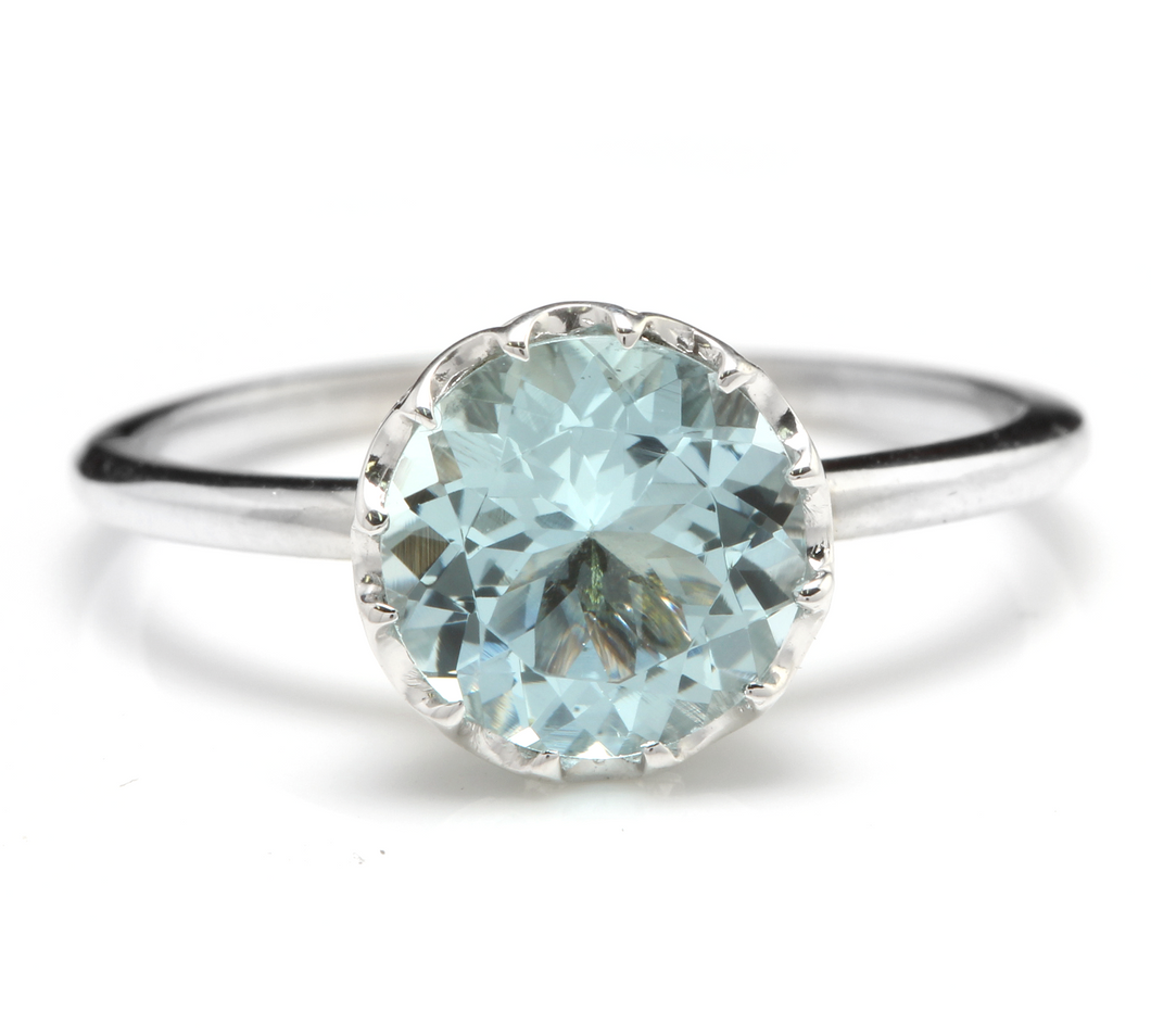 2.00 Carats Exquisite Natural Aquamarine 14K Solid White Gold Ring