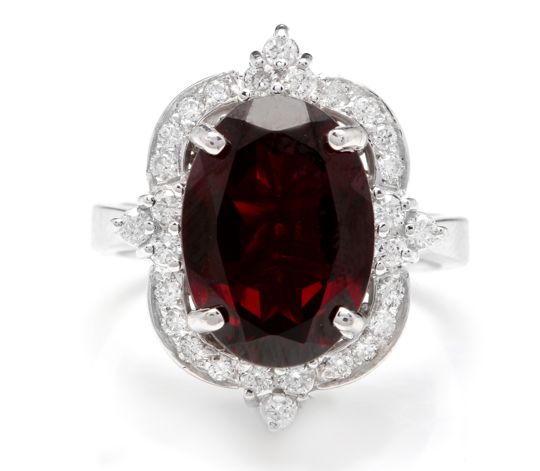 7.55 Carats Impressive Natural Red Garnet and Natural Diamond 14K White Gold Ring