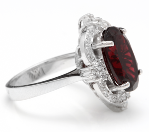 7.55 Carats Impressive Natural Red Garnet and Natural Diamond 14K White Gold Ring