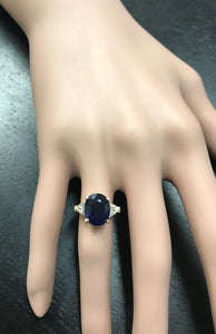 5.75 Carats Exquisite Natural Blue Sapphire and Diamond 14K Solid Yellow Gold Ring