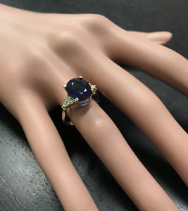 5.75 Carats Exquisite Natural Blue Sapphire and Diamond 14K Solid Yellow Gold Ring