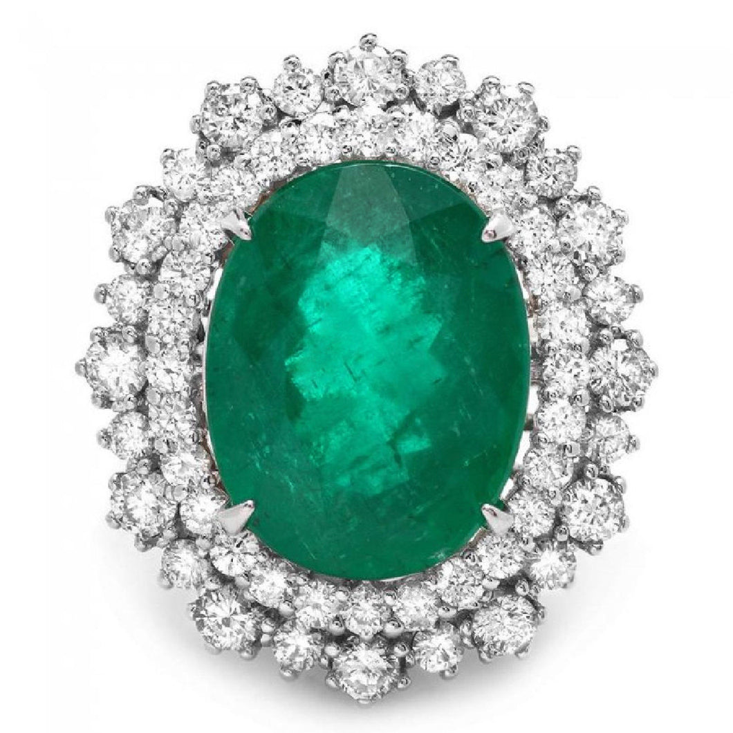 9.10 Carats Natural Emerald and Diamond 14K Solid White Gold Ring