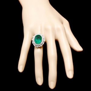 9.10 Carats Natural Emerald and Diamond 14K Solid White Gold Ring