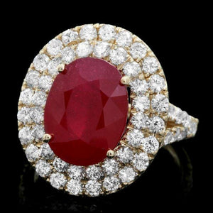 9.70 Carats Natural Red Ruby and Diamond 14k Solid Yellow Gold Ring